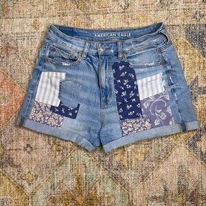Women’s American Eagle Patchwork Jean Shorts with Blue and White Accents